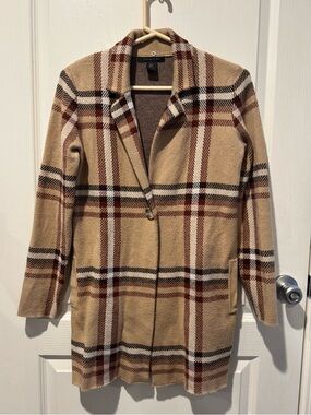 Tahari Beige Plaid Blazer Cardigan with Brown & Burgundy Accents